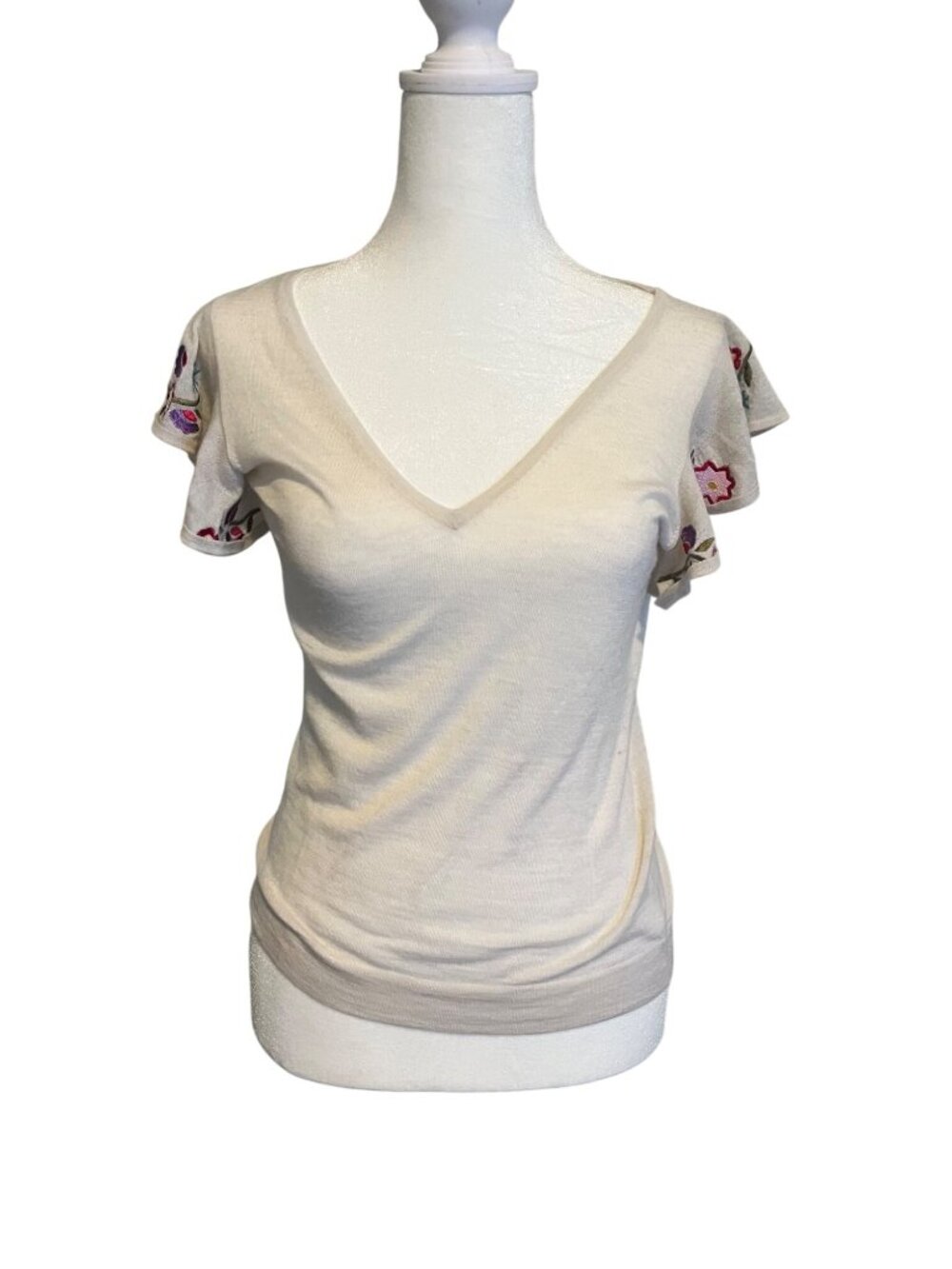 Embroidered Ruffle Sleeve V-Neck Top By Autumn Cashmere In Moonlight Combo
